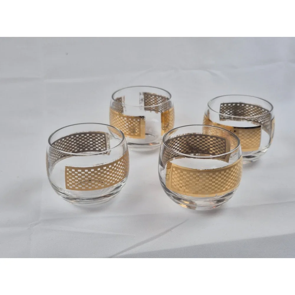 Vintage MCM Gold Checkerboard Roly Poly Rocks Glasses Set of 4 Whiskey Lowball